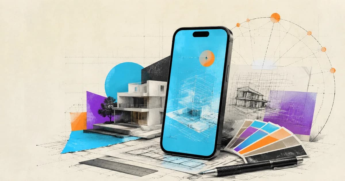 Celular con herramientas digitales, planos y una maqueta de arquitectura