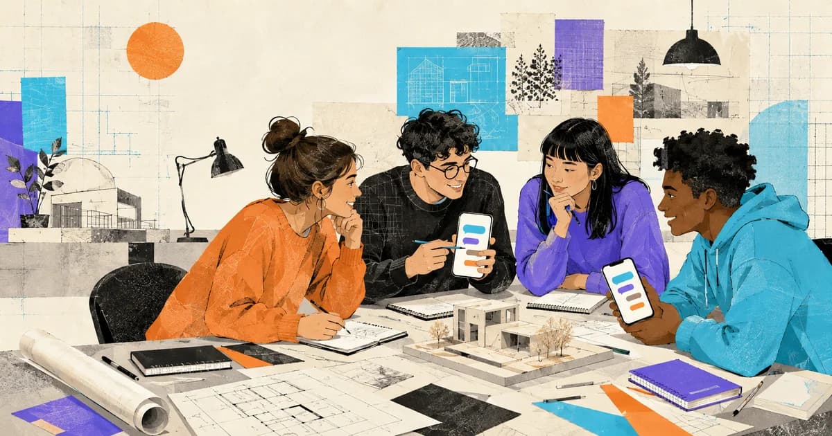 Grupo de estudiantes de Arquitectura estudiando con planos, celulares y una maqueta