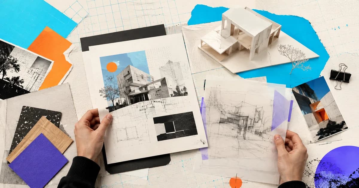 Manos organizando láminas, bocetos, materiales y una maqueta para un portfolio