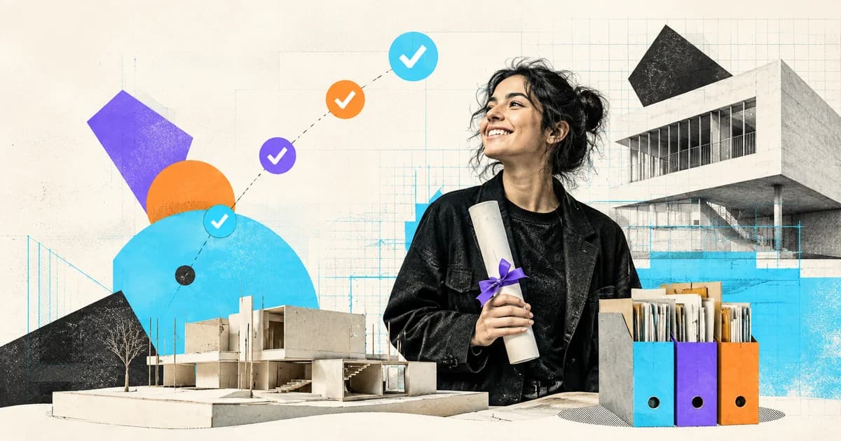 Graduada de Arquitectura con su diploma, una maqueta y carpetas del trámite