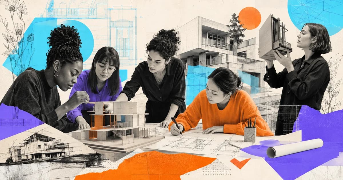 Grupo diverso de arquitectas trabajando sobre planos y una maqueta